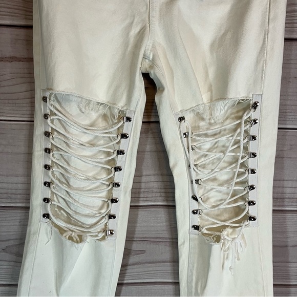Lf Carmar White High Waisted Hermia Loose Straight Crop Lace Up Front Jeans - Picture 9 of 15